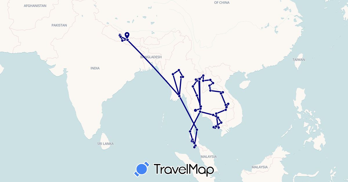 TravelMap itinerary: driving in Cambodia, Laos, Myanmar (Burma), Nepal, Thailand (Asia)